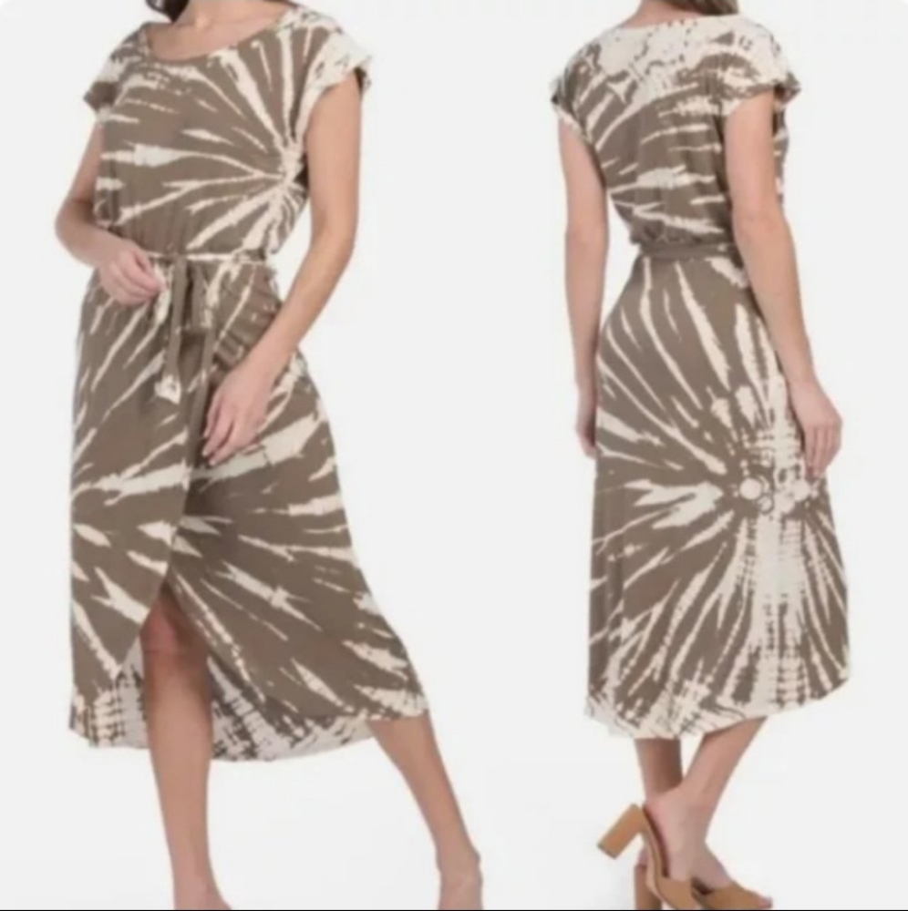 Young Fabulous Broke Dress Tie Dye Brown Boho Midi Faux Wrap Belt Linen Knit XS